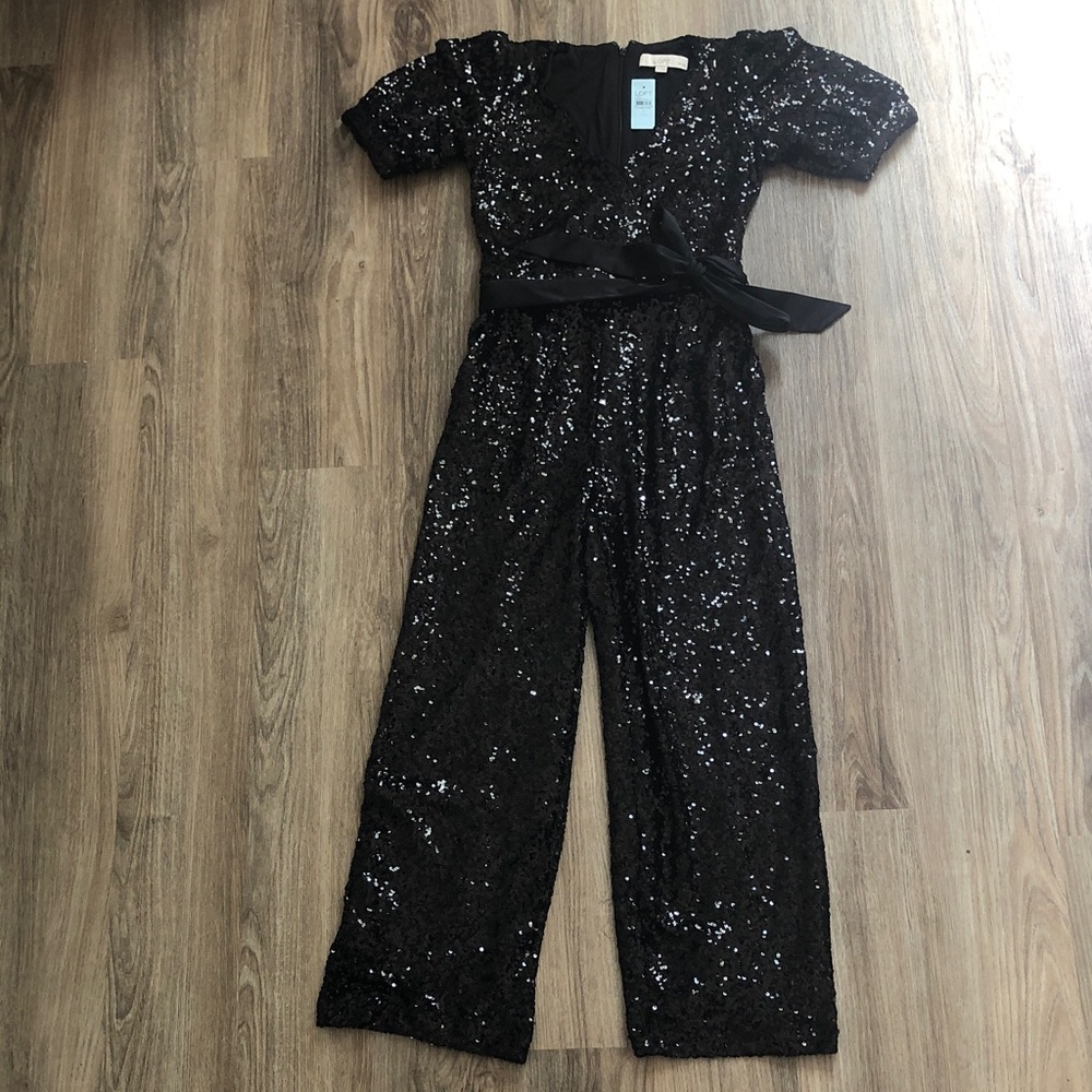 NWT 0P LOFT Black Sequin Tie Waist Jumpsuit